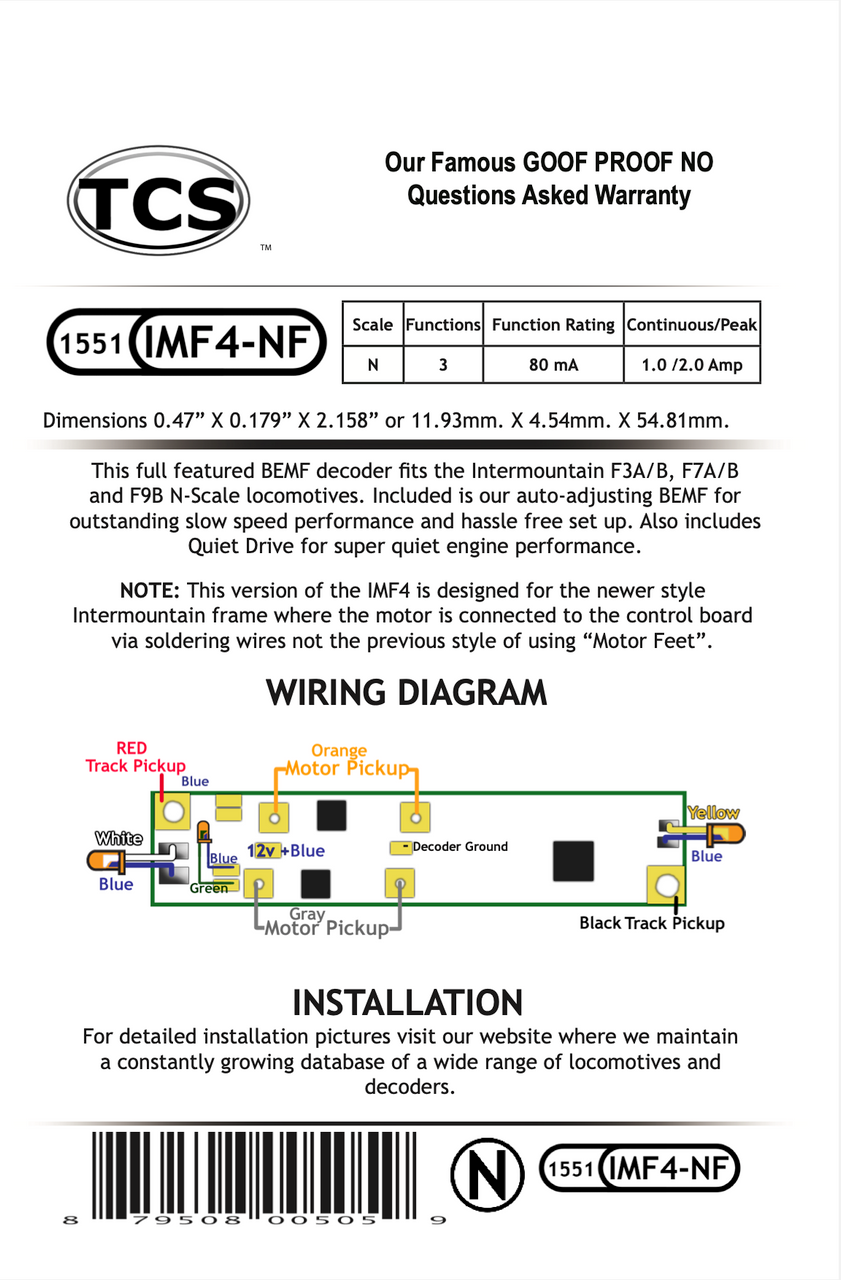 TCS 1551 IMF4-NF DCC Decoder for InterMountain F-unit locomotives