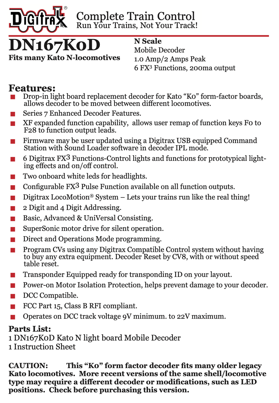 Digitrax DN167K0D Mobile Decoder - Kato "K0" style