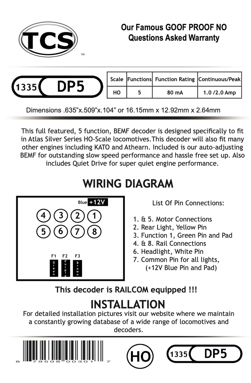 TCS 1335 DP5 HO Atlas Kato plug-in 5 Function Decoder