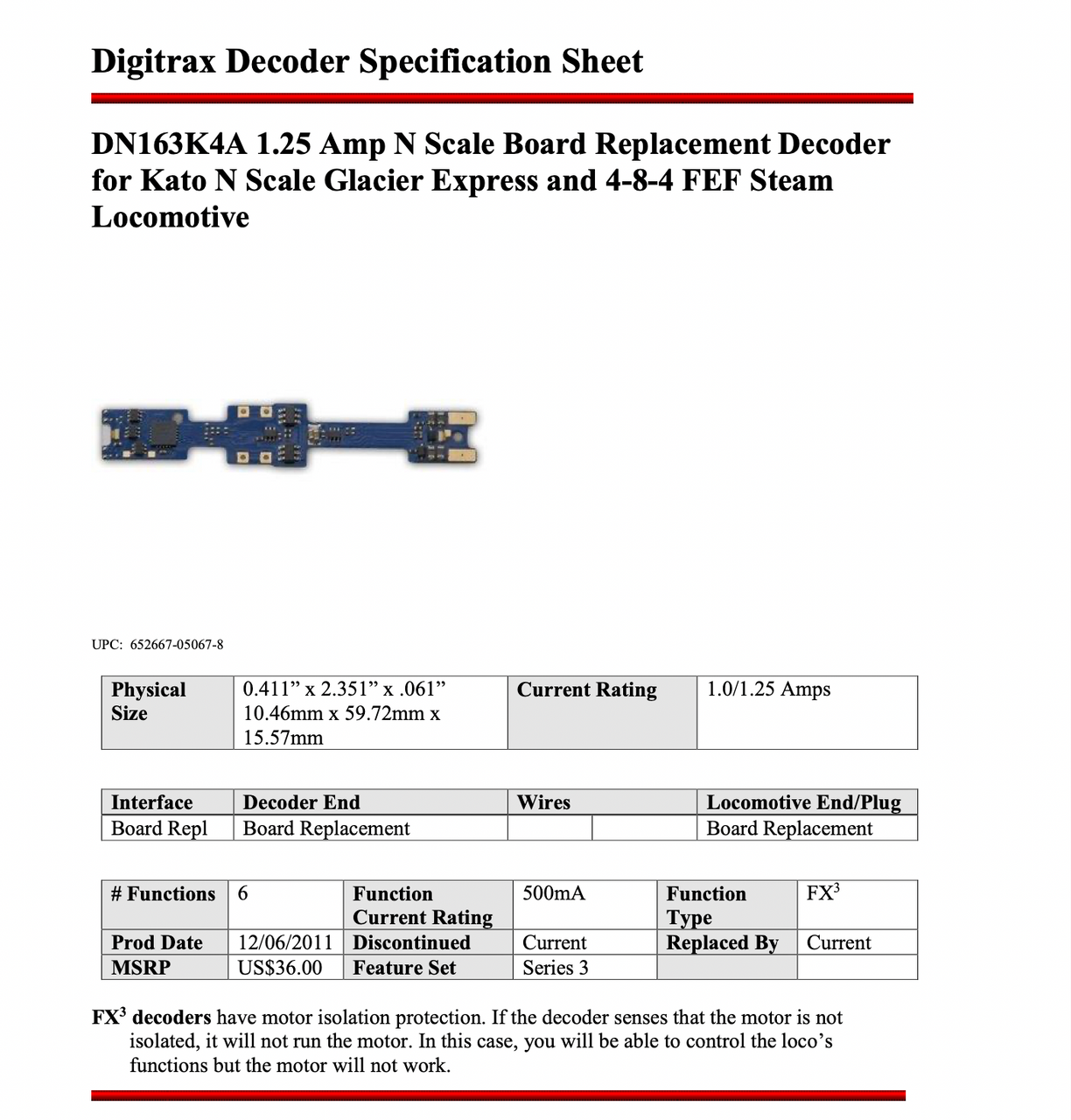 Digitrax DN163K4A Decoder for Kato N Scale Glacier Express & 4-8-4 FEF Steam