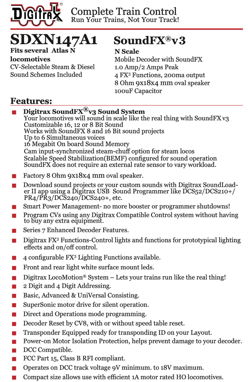 Digitrax SDXN147A1 1 Amp Sound Decoder fits several Atlas N Scale