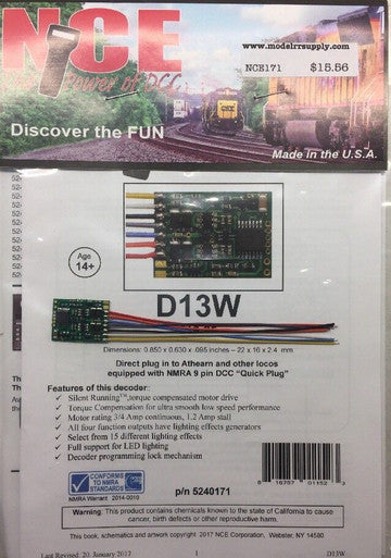 171 D13W DCC DECODER HO 4 function wire /was NCE 100 D13SR