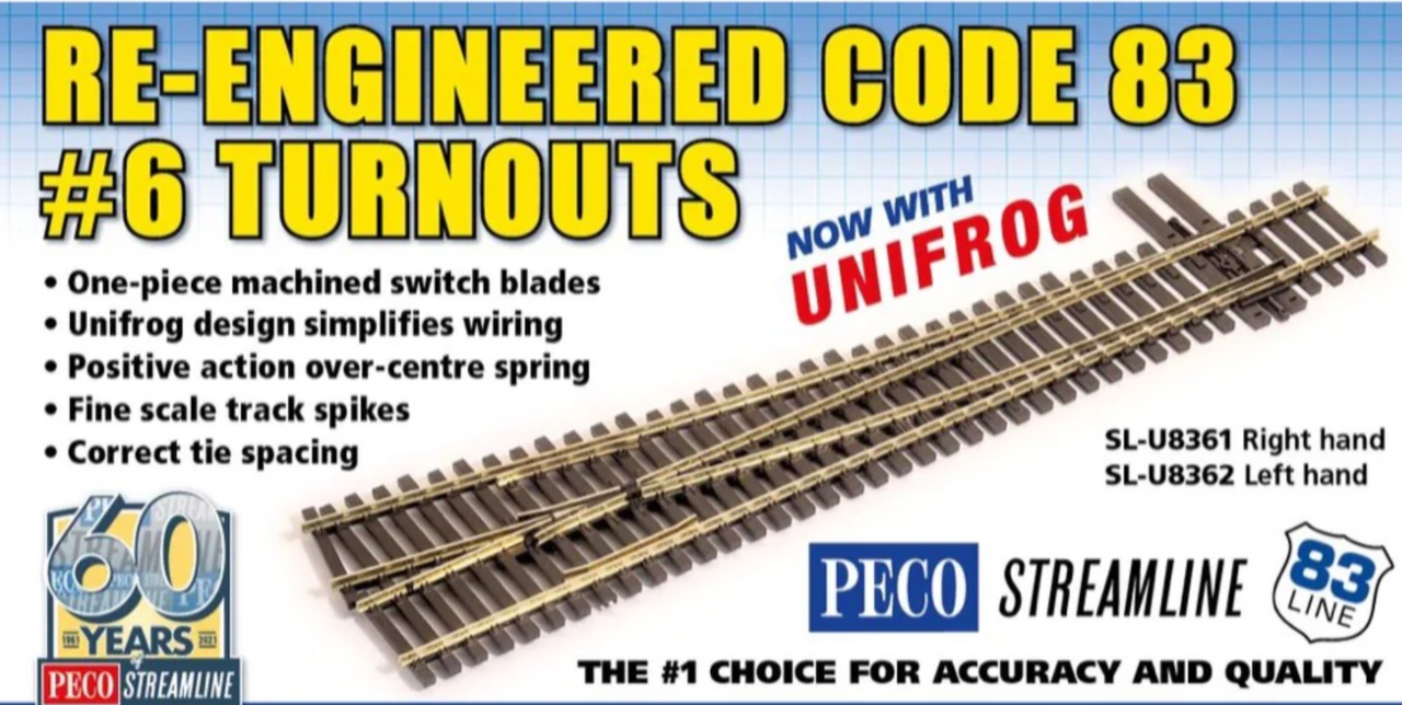 PECO SL-U8362 HO #6 Left Hand Turnout | Code 83 | Unifrog