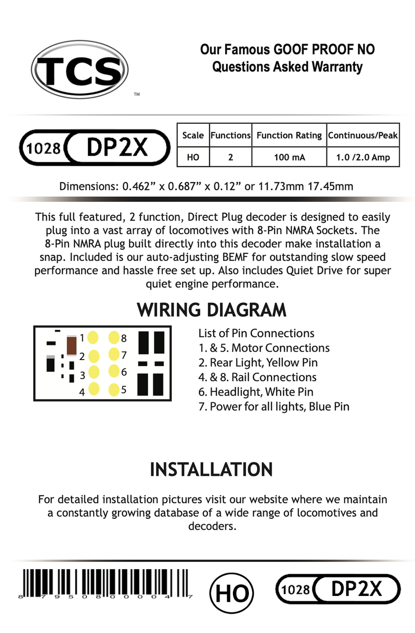 TCS 1028 DP2 DCC Decoder | NMRA 8-pin