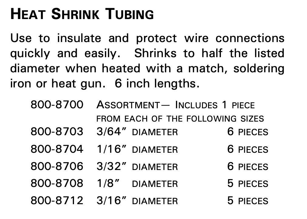 800-8700 Heat Shrink Tubing | Assortment | 5 sizes - 6" of each