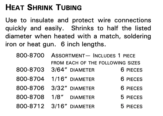 800-8700 Heat Shrink Tubing | Assortment | 5 sizes - 6" of each