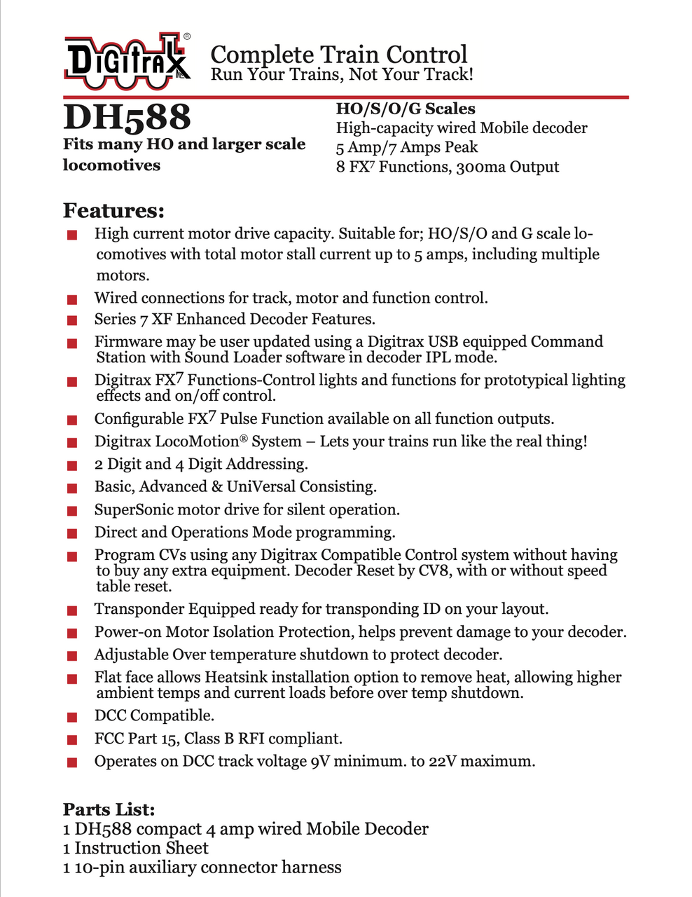 Digitrax DH588 5 amp DCC HO/S/O/G Scales Mobile Decoder