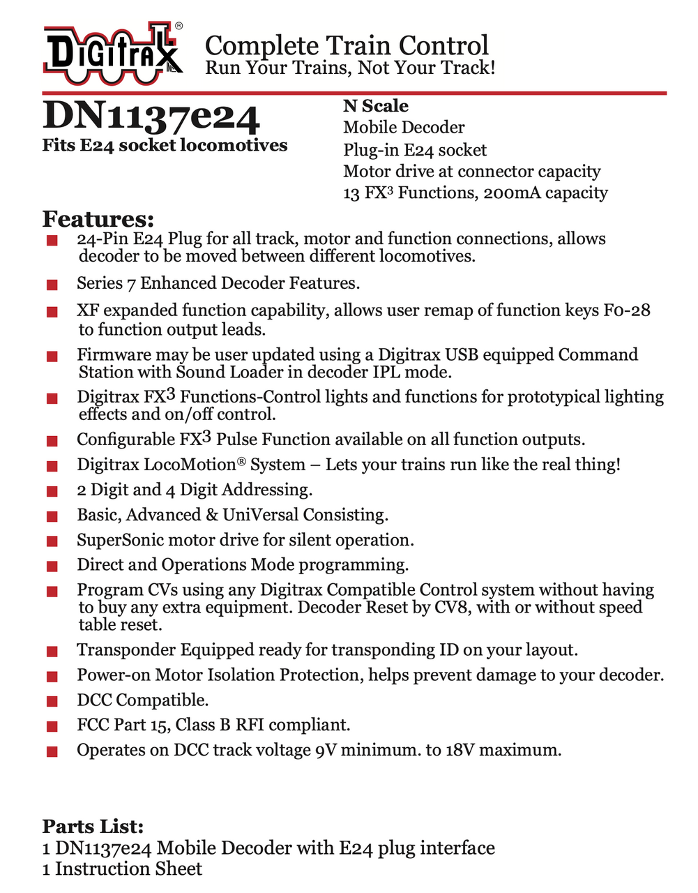 Digitrax DN1137e24 Mobile DCC Decoder E24 for Atlas, ScaleTrains, +