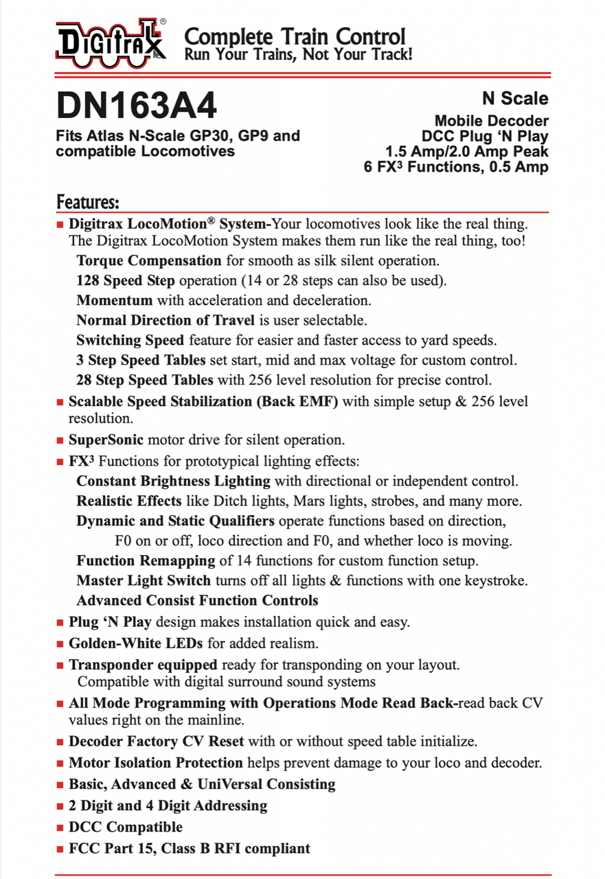 DN163A4 1.5 Amp N Scale Board Replacement Mobile Decoder for Atlas GP7/9/15-1/30/35 - Page 1