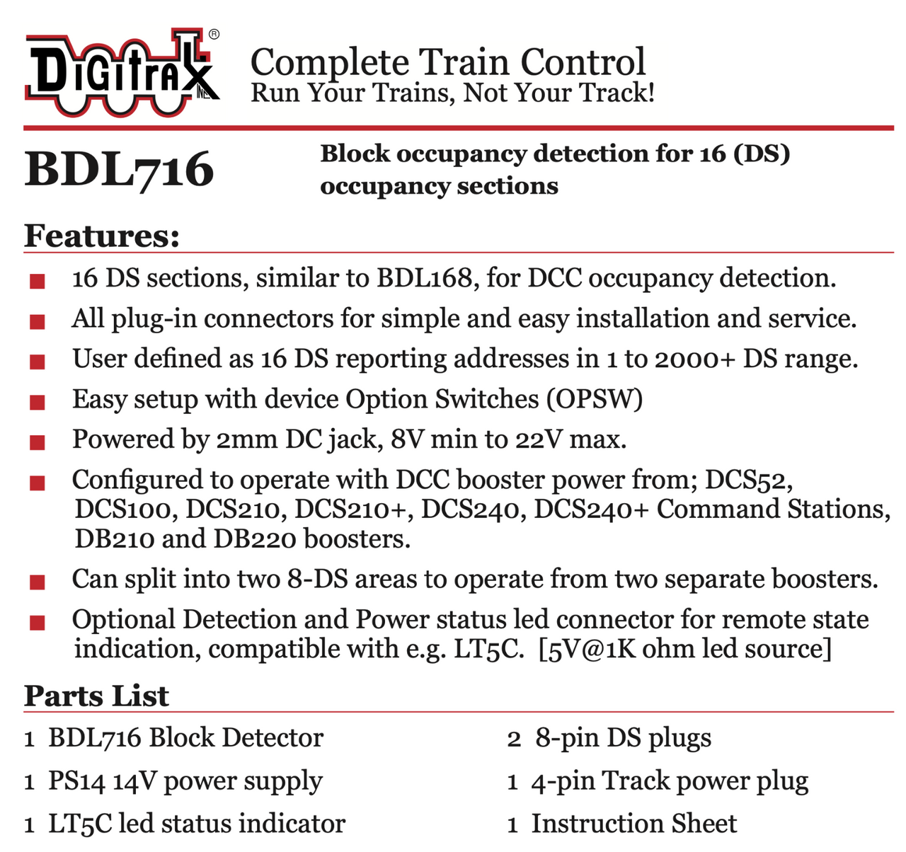 Digitrax BDL716 Occupancy Detector 16 Detection Sections & Power Supply