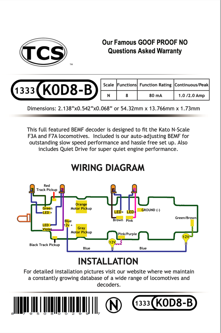 TCS 1333 K0D8-B DCC Decoder for Kato N scale F3A and F7A